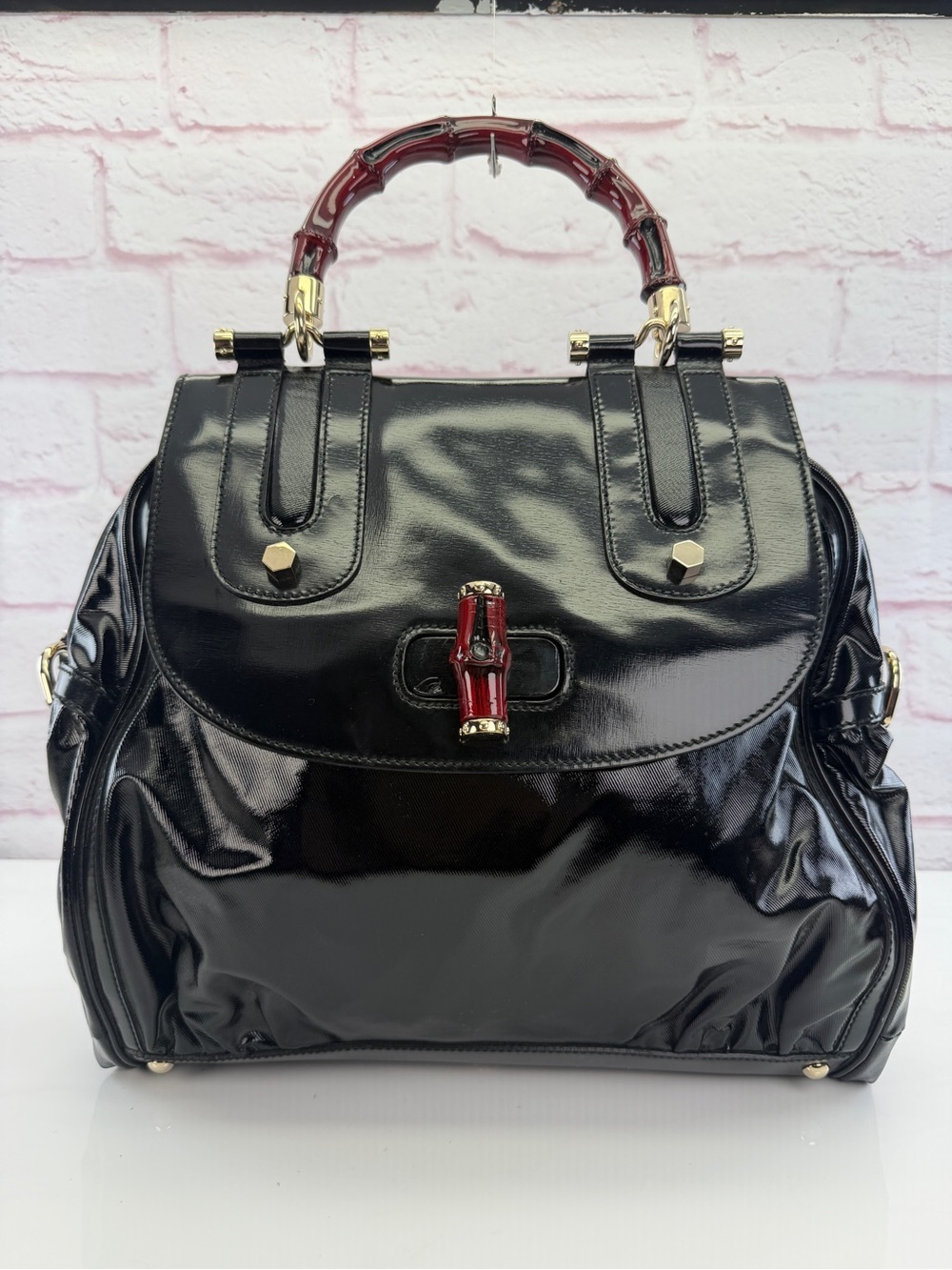 Gucci Black Dialux Red 'Pop' Bamboo Handle Bag - Picture 1 of 12